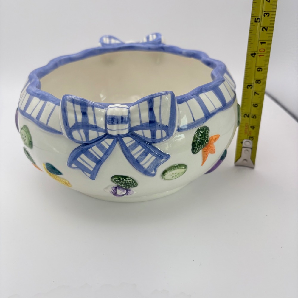 Fitz and Floyd Vegetable Serving Bowl White Blue Bow Raised Ribbons - Picture 7 of 8